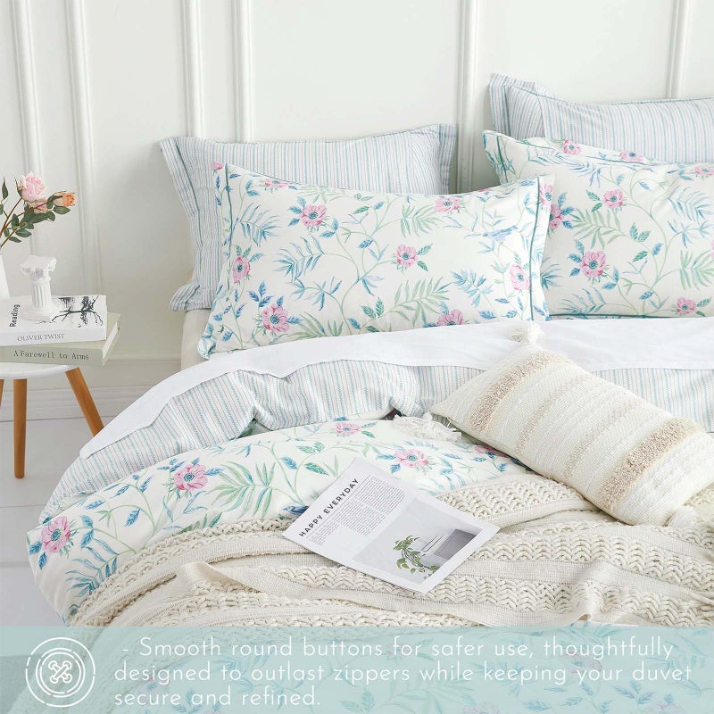 ALEISSEL Elegant 100% Cotton Duvet Cover Queen Size - Petal Pink Flowers & Sage Branches on Soft White,Fine Striped Back, Neutural Bedding Set 3Pcs with Button Closure (Queen,90"x90") - Image 2