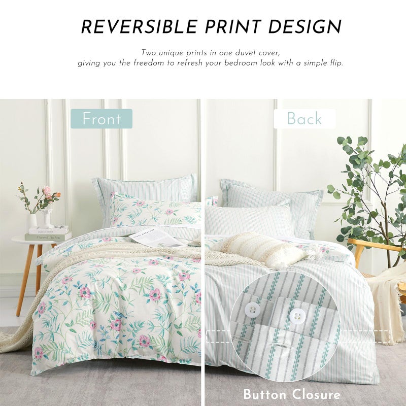 ALEISSEL Elegant 100% Cotton Duvet Cover Queen Size - Petal Pink Flowers & Sage Branches on Soft White,Fine Striped Back, Neutural Bedding Set 3Pcs with Button Closure (Queen,90"x90") - Image 4