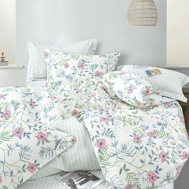 ALEISSEL Elegant 100% Cotton Duvet Cover Queen Size - Petal Pink Flowers & Sage Branches on Soft White,Fine Striped Back, Neutural Bedding Set 3Pcs with Button Closure (Queen,90"x90") - Image 1