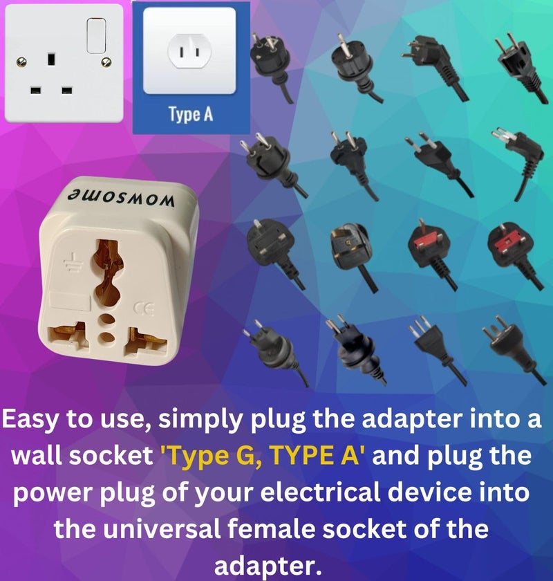WOWSOME Wowsome India to UK and India to USA Converter Plug Adapter 1 Type G for UK UAE Singapore and 1 Type A Plug for US Canada Japan Set of 2 White - Image 4
