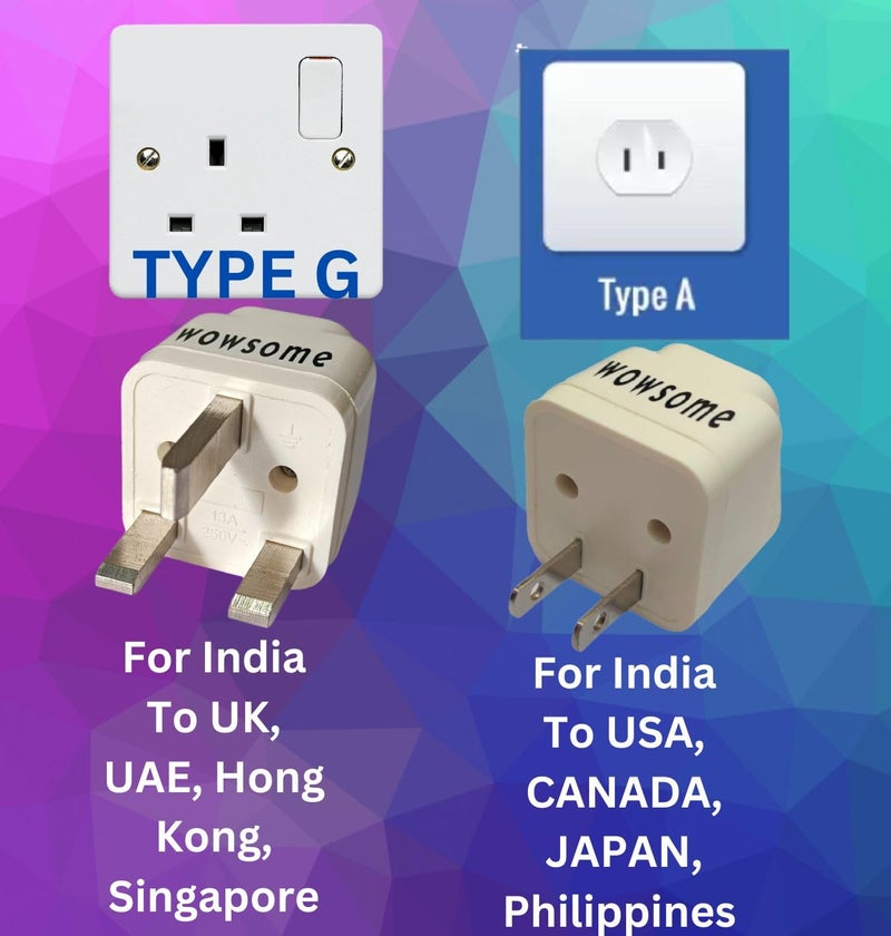 WOWSOME Wowsome India to UK and India to USA Converter Plug Adapter 1 Type G for UK UAE Singapore and 1 Type A Plug for US Canada Japan Set of 2 White - Image 3