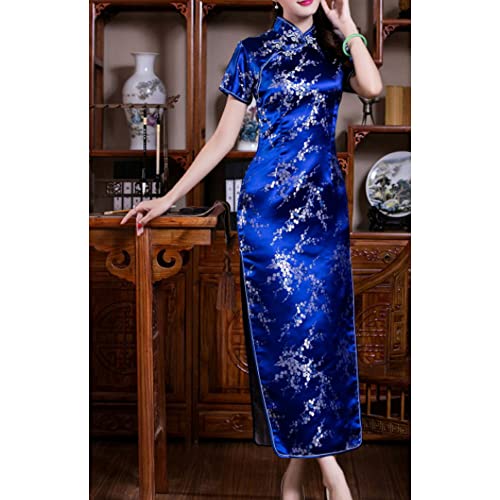 STIOEDYUAN Women Cheongsam Long Dress Evening Short Sleeve Slim Fit Maxi Dress Floral Faux Silk Stand Collar Bodycon Qipao (US, Alpha, X-Small, Dark Blue Flower) - Image 3