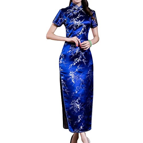 STIOEDYUAN Women Cheongsam Long Dress Evening Short Sleeve Slim Fit Maxi Dress Floral Faux Silk Stand Collar Bodycon Qipao (US, Alpha, X-Small, Dark Blue Flower) - Image 2