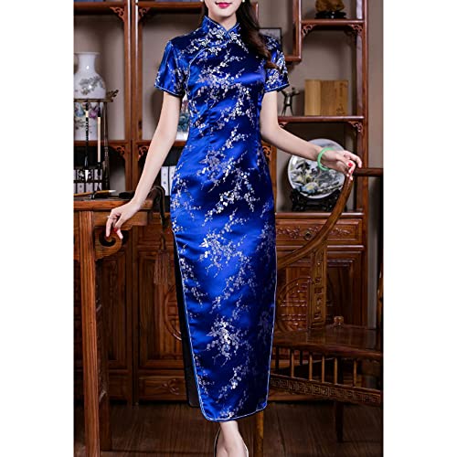 STIOEDYUAN Women Cheongsam Long Dress Evening Short Sleeve Slim Fit Maxi Dress Floral Faux Silk Stand Collar Bodycon Qipao (US, Alpha, X-Small, Dark Blue Flower) - Image 5