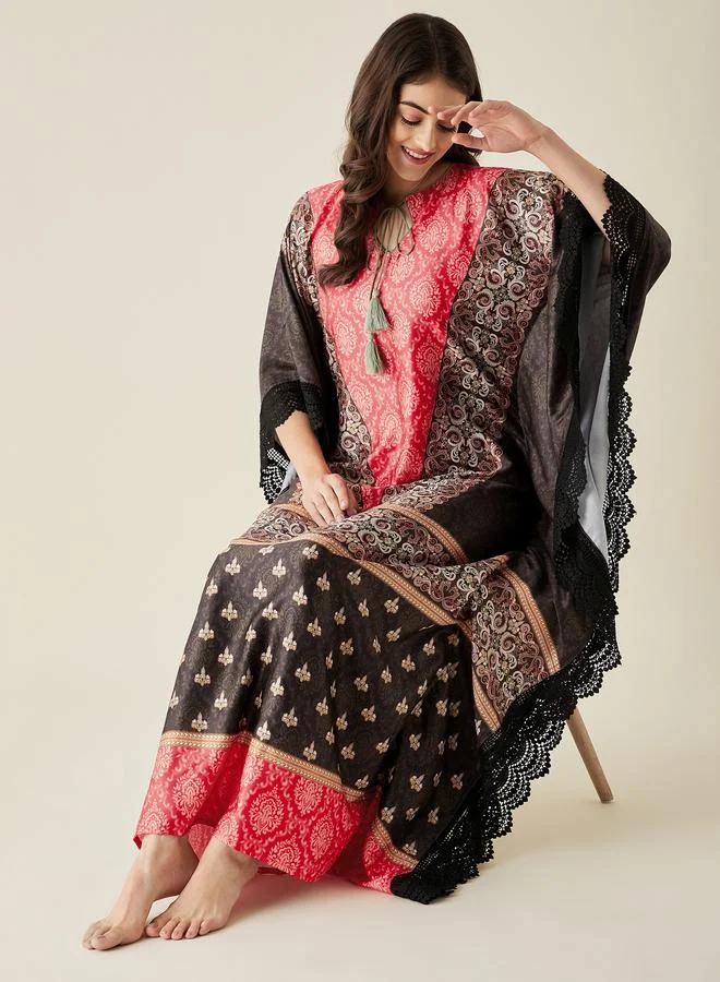 Take Two Red Satin Ethnic Motif Printed Kaftan Nightdress By The Kaftan Company