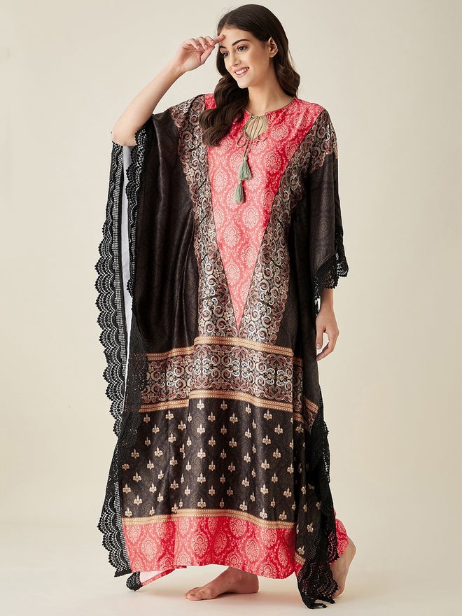 The Kaftan Company Red Satin Ethnic Motif Printed Kaftan Nightdress - Image 3