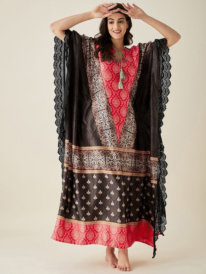 The Kaftan Company Red Satin Ethnic Motif Printed Kaftan Nightdress - Image 2