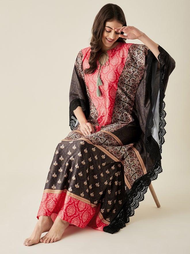 The Kaftan Company Red Satin Ethnic Motif Printed Kaftan Nightdress - Image 1