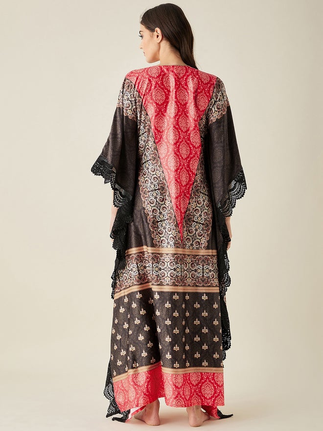The Kaftan Company Red Satin Ethnic Motif Printed Kaftan Nightdress - Image 5