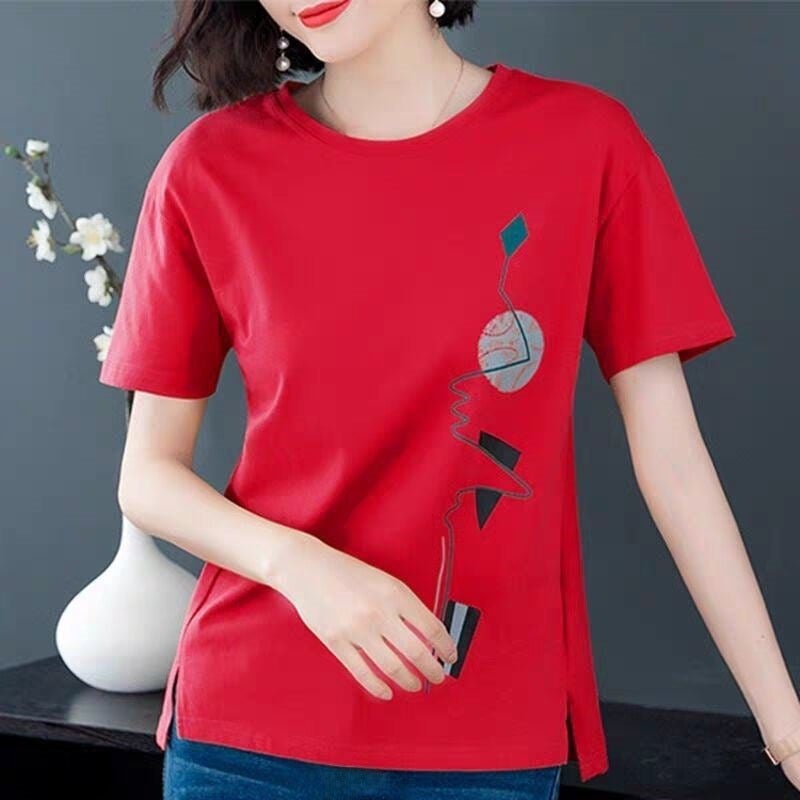 Short-sleeved T-shirt Womens 2025 New Womens Summer Korean-style Loose plus size chubby girl Artistic Printed T-shirt Trendy Top White