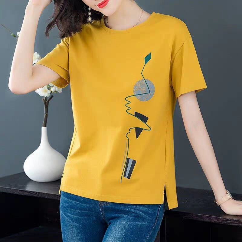 Short-sleeved T-shirt Womens 2025 New Womens Summer Korean-style Loose plus size chubby girl Artistic Printed T-shirt Trendy Top White