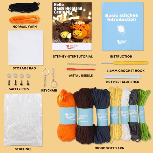 CrochetBox Crochet Kit for Beginners - 2 PCS Highland Cow Keychain Crochet Kit, Learn to Crochet, Include Easy Knitting Yarn, Step-by-Step Video Tutorial, Hook, Holiday Birthday Gift for Adults - Image 3