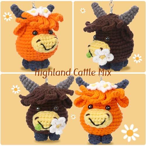 CrochetBox Crochet Kit for Beginners - 2 PCS Highland Cow Keychain Crochet Kit, Learn to Crochet, Include Easy Knitting Yarn, Step-by-Step Video Tutorial, Hook, Holiday Birthday Gift for Adults - Image 2