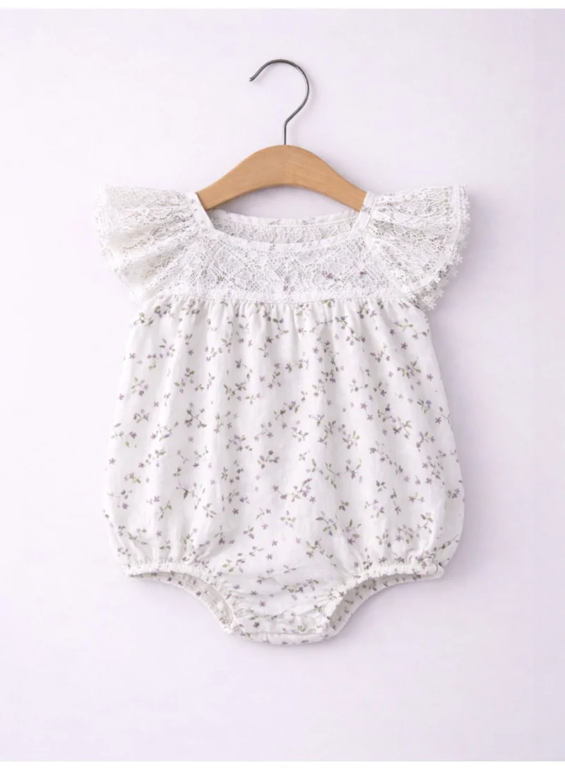 فكتور اند جين Baby Girls’ 3-Piece Woven Romper Set – Lace Yoke Floral Bubble Romper, Headband & Socks
