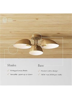 Arabest Argo 3-Light Vintaged Brass Semi Flush Ceiling Light with Black Rounded Shades - Modern Retro Lighting for Hallway, Dining Room, and Bedroom  - Image 3