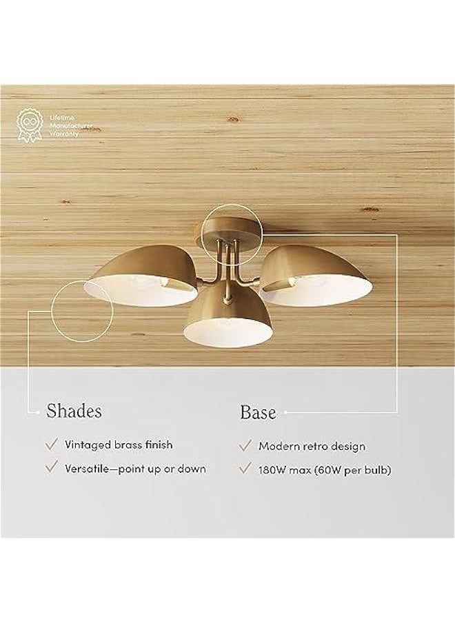 Arabest Argo 3-Light Vintaged Brass Semi Flush Ceiling Light with Black Rounded Shades - Modern Retro Lighting for Hallway, Dining Room, and Bedroom  - Image 3