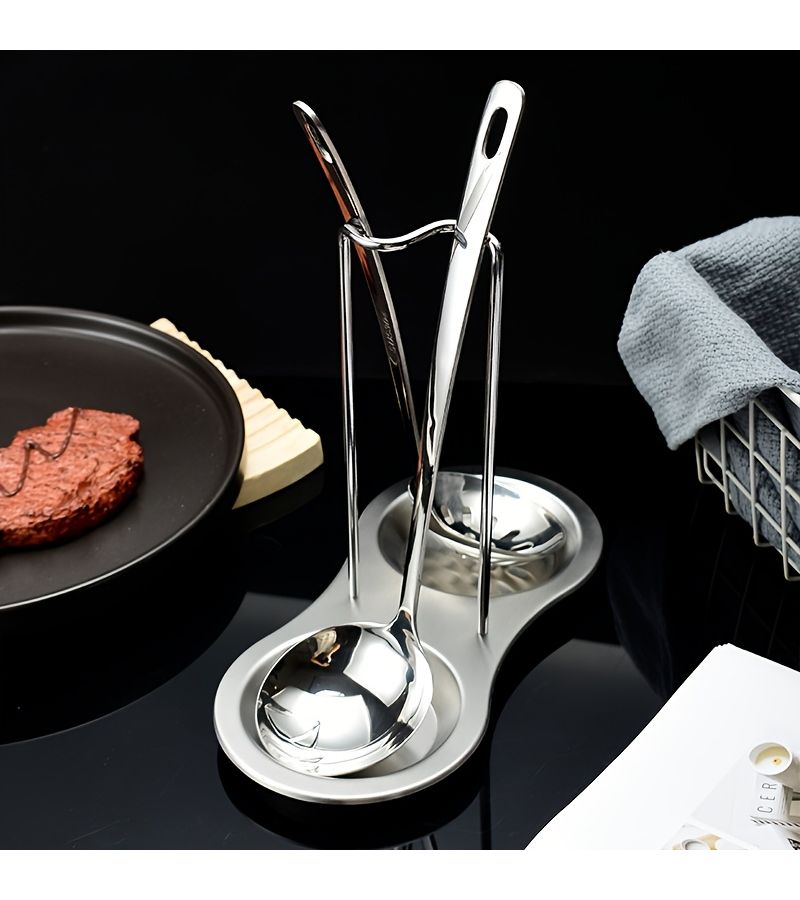 Silvery Stainless Steel Spoon Rest Double Round Draining Stand Keeps Tabletop Clean - Image 2