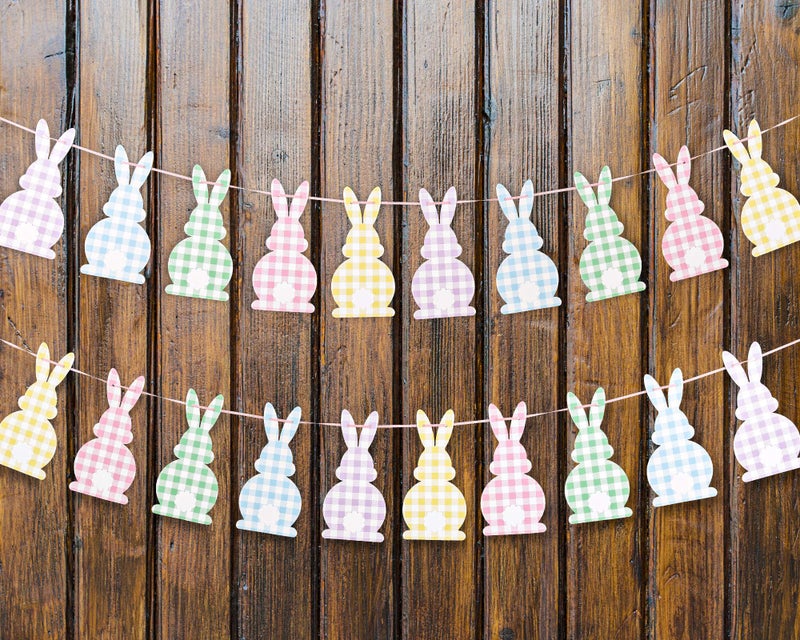 Whaline Easter Spring Banner Decoration Happy Easter Garland Colorful Plaid Bunny Bunting Flag Farmhouse Banner Some Bunny is One Birthday Sign for Home Mantle Fireplace Decor