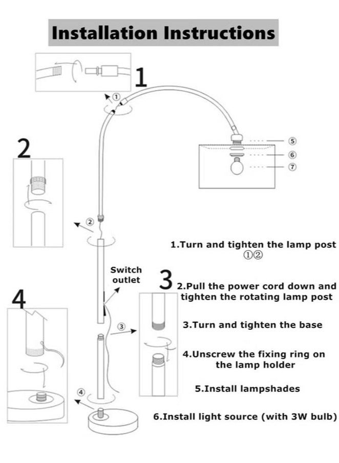Floor Lamp for LED Stand Vintage Arc Pole Light with Warm Light Remote Control for Living Room Office Bedroom â€ŽMarble Metal Black 12W 8-15m 185x38 cm