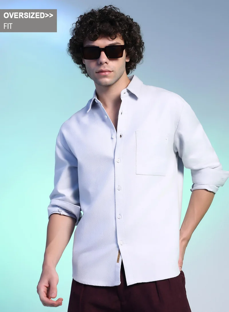 Campus Sutra Campus Sutra Men's Cream White Suede Utility Oversized Shirt For Casual Wear | Spread Collar | Long Cuffed Sleeves | Button Closure | Oversized Shirt Crafted With Comfort Fit For Everyday Wear