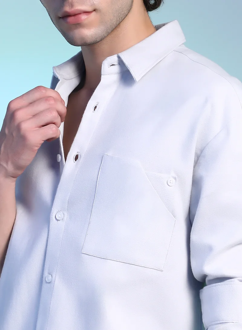 Campus Sutra Campus Sutra Men's Cream White Suede Utility Oversized Shirt For Casual Wear | Spread Collar | Long Cuffed Sleeves | Button Closure | Oversized Shirt Crafted With Comfort Fit For Everyday Wear