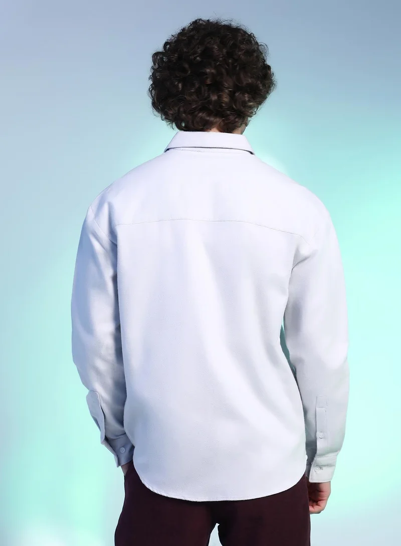 Campus Sutra Campus Sutra Men's Cream White Suede Utility Oversized Shirt For Casual Wear | Spread Collar | Long Cuffed Sleeves | Button Closure | Oversized Shirt Crafted With Comfort Fit For Everyday Wear