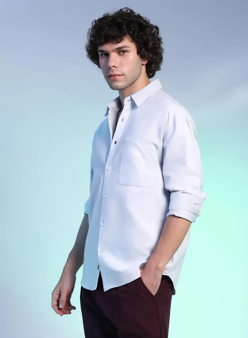 Campus Sutra Campus Sutra Men's Cream White Suede Utility Oversized Shirt For Casual Wear | Spread Collar | Long Cuffed Sleeves | Button Closure | Oversized Shirt Crafted With Comfort Fit For Everyday Wear