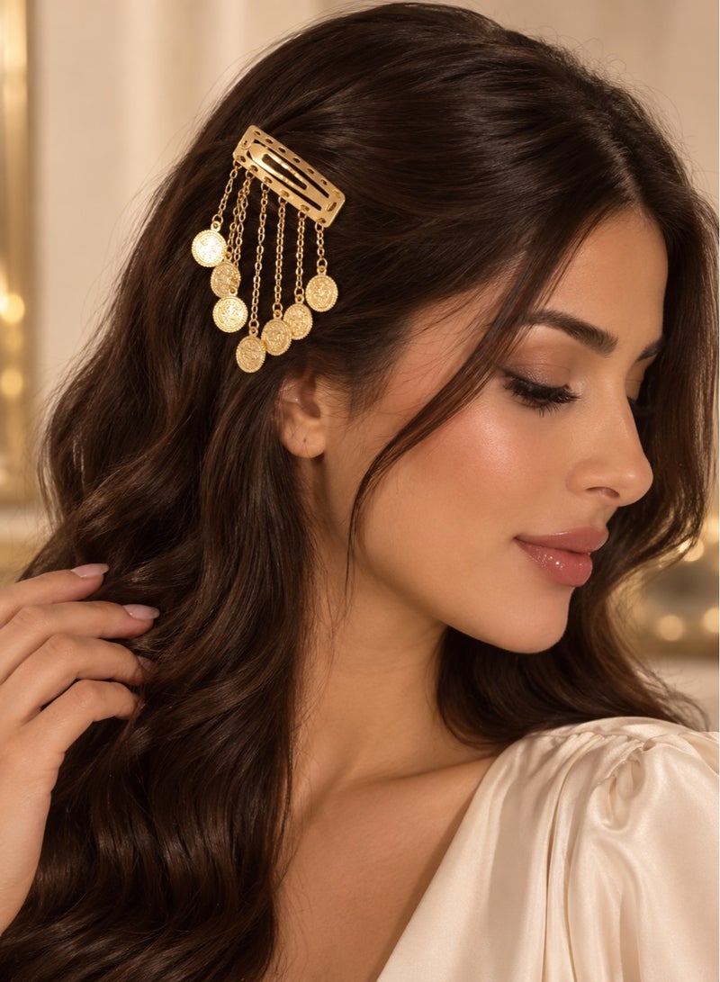 مشبك شعر نسائي ذهبي بعملات معدنية – اكسسوار شعر أنيق بسلاسل متدلية، مشبك شعر للنساء للحفلات والمناسبات والإطلالات التراثية - Image 1