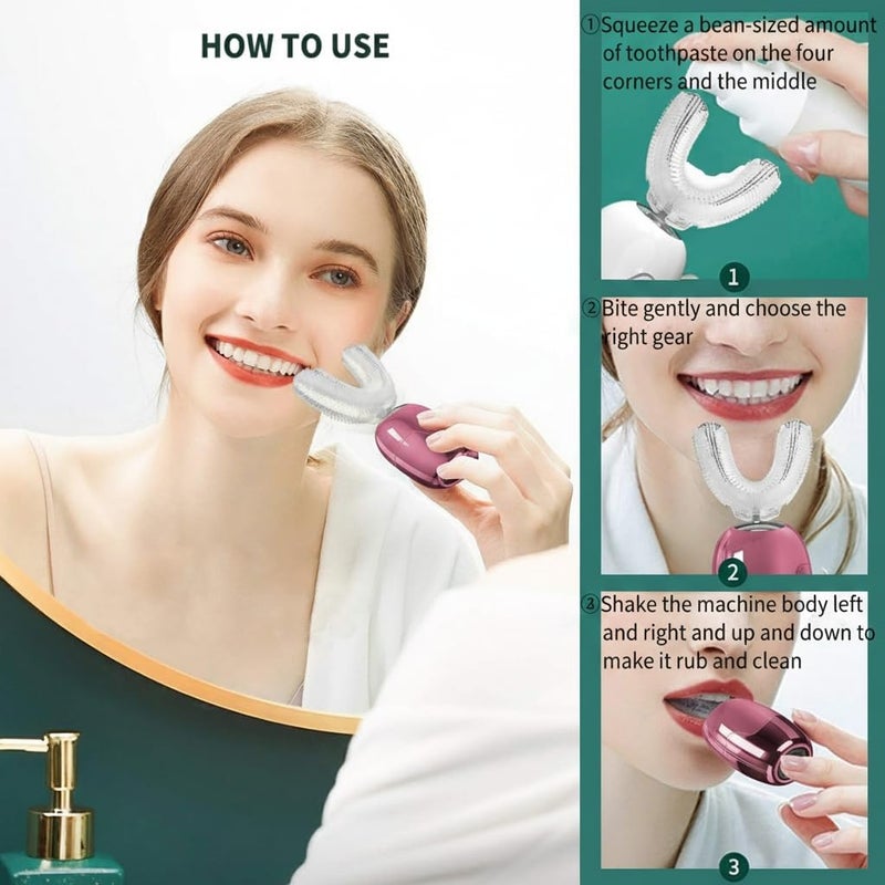 فرشاة أسنان على شكل حرف U بزاوية 360 درجة، فرشاة أسنان كهربائية صوتية مطورة حديثًا للبالغين، خيارات رؤوس فرش متعددة، مقاومة للماء IPX7، تنظيف بزاوية 360 درجة مناسب للأشخاص ذوي القدرة الحركية المحدودة - Image 3