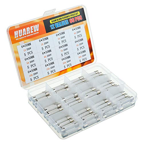 HUAREW 12 Values 60 Pcs 6 x 30 mm T 1A 2A 3A 4A 5A 6A 7A 8A 10A 15A 20A 30 A amp 250 V Slow Blow Ceramic Tube Fuses Assortment Kit - Image 2