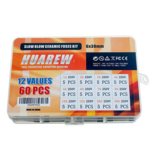 HUAREW 12 Values 60 Pcs 6 x 30 mm T 1A 2A 3A 4A 5A 6A 7A 8A 10A 15A 20A 30 A amp 250 V Slow Blow Ceramic Tube Fuses Assortment Kit - Image 4