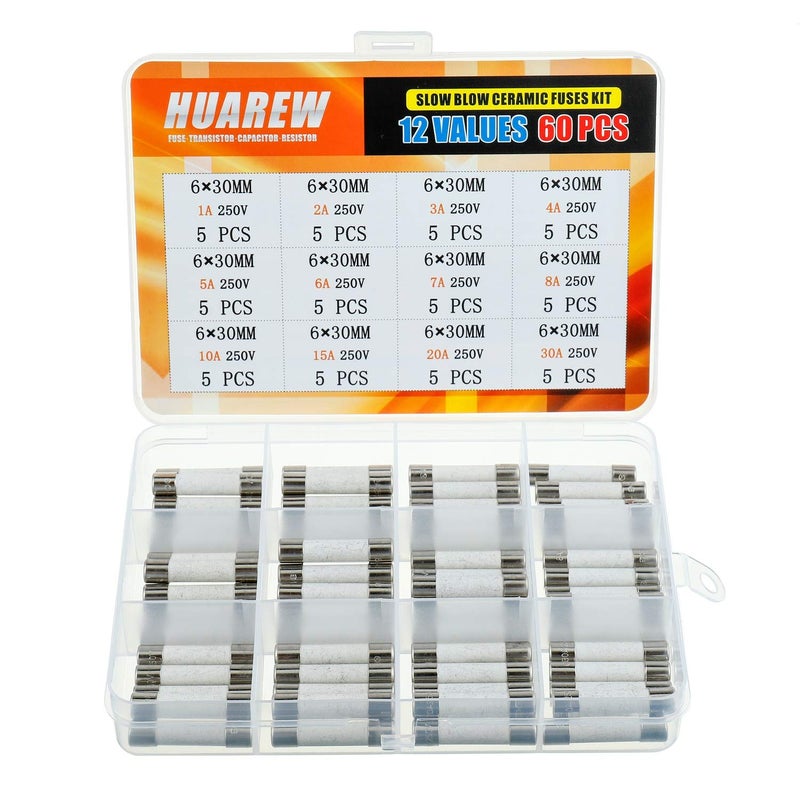 HUAREW 12 Values 60 Pcs 6 x 30 mm T 1A 2A 3A 4A 5A 6A 7A 8A 10A 15A 20A 30 A amp 250 V Slow Blow Ceramic Tube Fuses Assortment Kit - Image 5