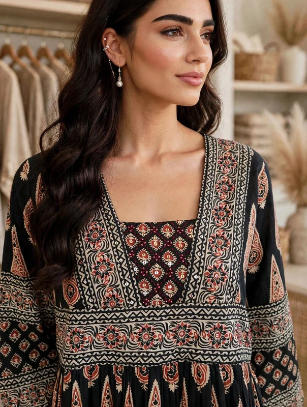 Ikkxa IKKXA Paisley Block Print Tiered Jalabiya IKX125 Black