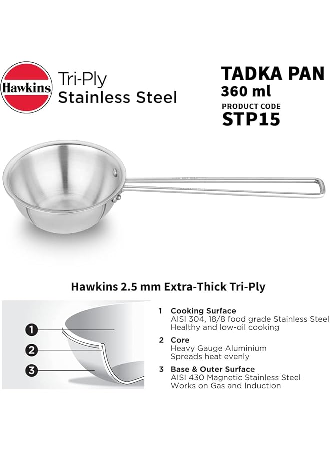 هوكينز مقلاة تادكا سعة 1.5 كوب، مقلاة ثلاثية من الفولاذ المقاوم للصدأ سعة 360 مل، مقلاة حثية، فضية (Stp15) - Image 2