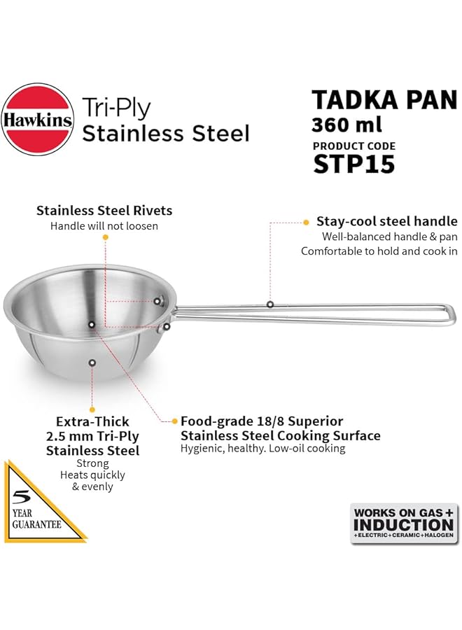 هوكينز مقلاة تادكا سعة 1.5 كوب، مقلاة ثلاثية من الفولاذ المقاوم للصدأ سعة 360 مل، مقلاة حثية، فضية (Stp15) - Image 3