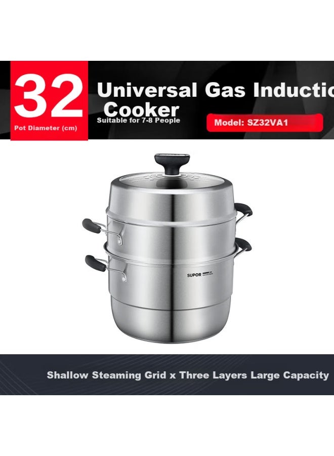 Supor Non-stick Three-layer Steamer 304 Stainless Steel 14l High Arch Lid 32cm Soup Pot Gas Induction Cooker Universal Sz32va1 - Image 1