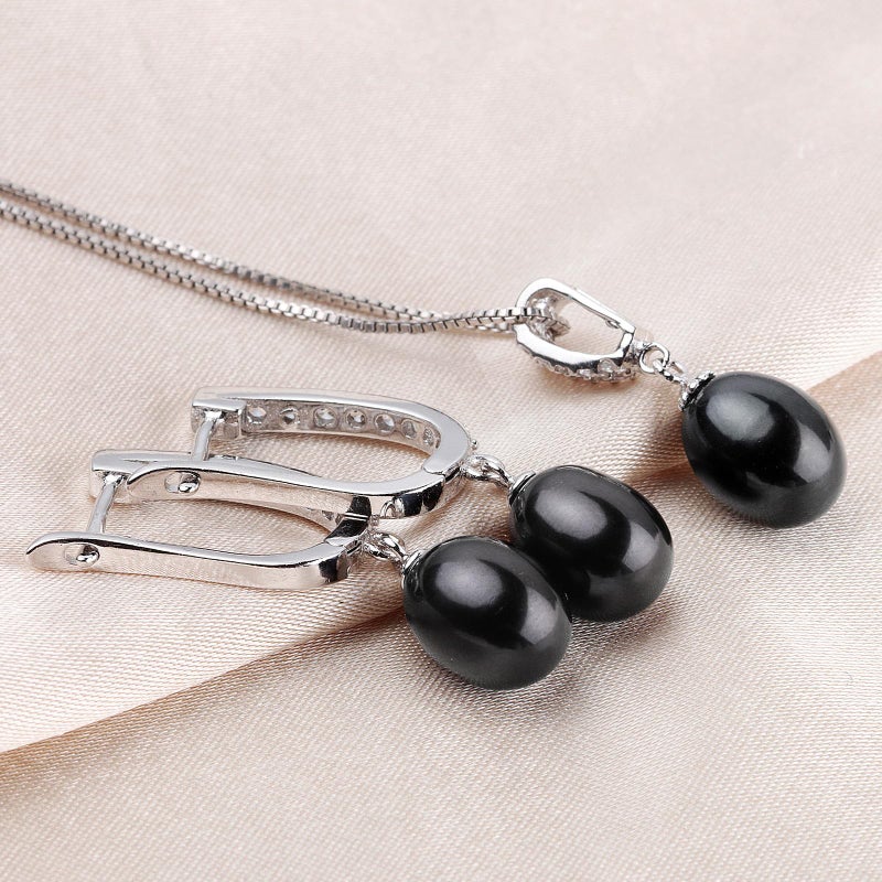 HENGSHENG Pearl Jewelry Set For Women with Cubic Zirconia Freshwater Pearl Pendant Necklace & Earrings 925 Sterling Silver for Wedding Prom Gift - Black - Image 5