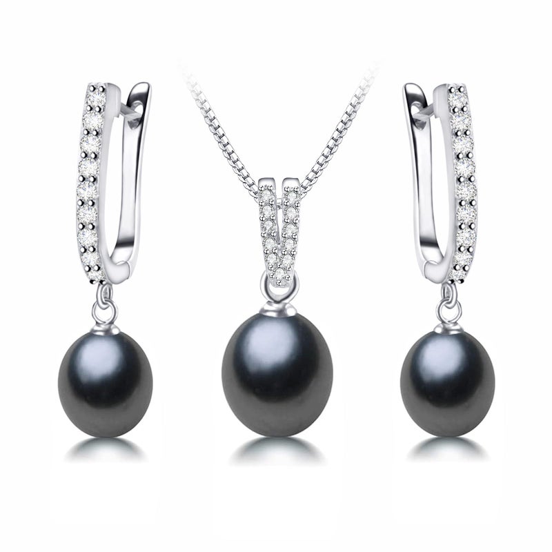 HENGSHENG Pearl Jewelry Set For Women with Cubic Zirconia Freshwater Pearl Pendant Necklace & Earrings 925 Sterling Silver for Wedding Prom Gift - Black - Image 1
