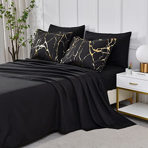 Yogeneg Gold Metallic Marble Comforter Set Queen Size,7 Piece Bed in a Bag,Foil Print Glitter Black Comforter and Sheet Set,All Season Soft Microfiber Complete Bedding Sets(Black,Queen) - Image 4