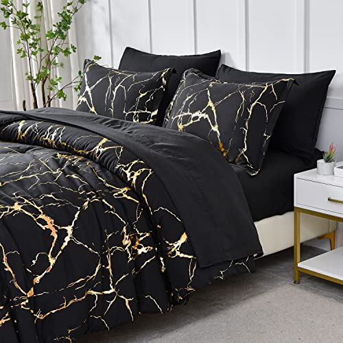 Yogeneg Gold Metallic Marble Comforter Set Queen Size,7 Piece Bed in a Bag,Foil Print Glitter Black Comforter and Sheet Set,All Season Soft Microfiber Complete Bedding Sets(Black,Queen) - Image 2