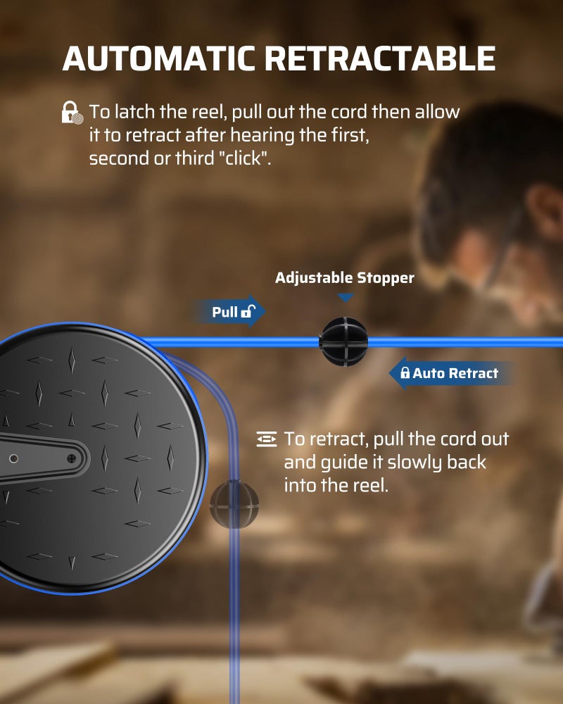 DEWENWILS 30FT Extension Cord Reel, 16/3 Gauge SJTW Power Cord, Retractable Cord Reel with 3 Outlets, Ceiling/Wall Mount for Garage, Workshop, 10A Circuit Breaker, Metal Plate, UL Listed, Blue - Image 4