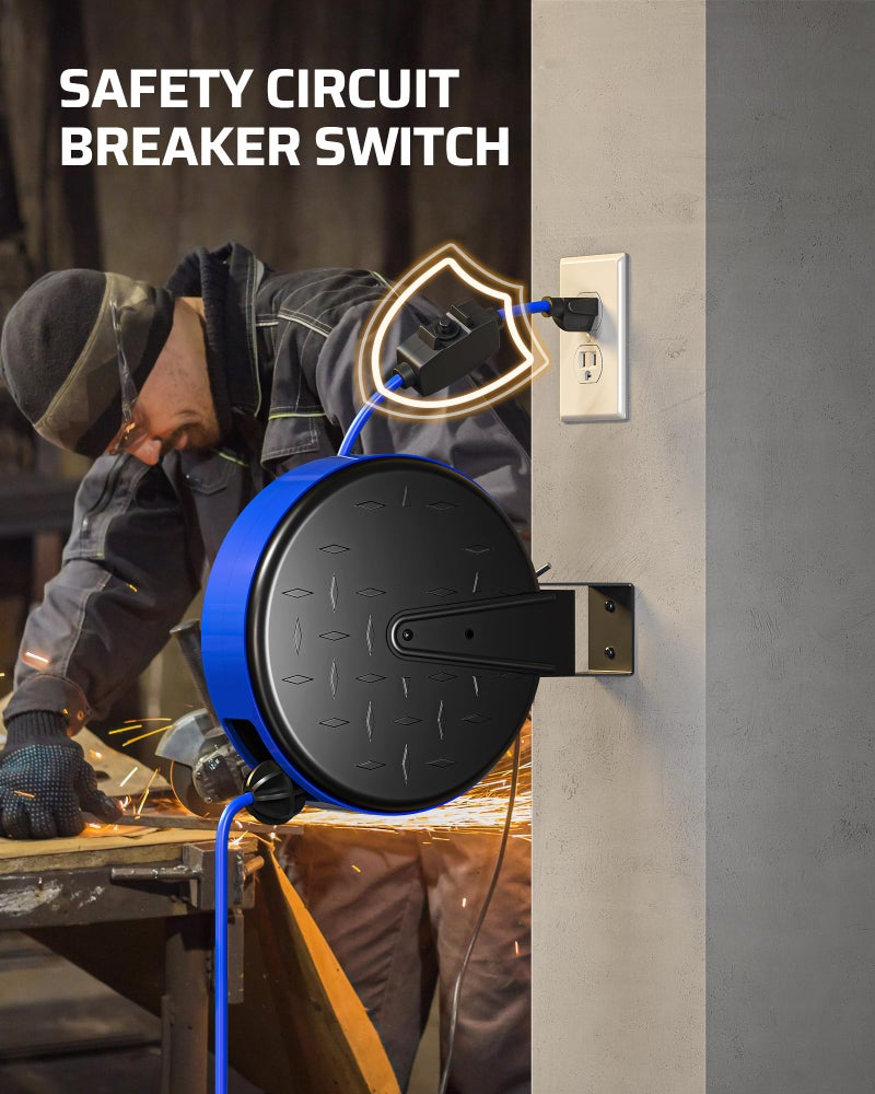 DEWENWILS 30FT Extension Cord Reel, 16/3 Gauge SJTW Power Cord, Retractable Cord Reel with 3 Outlets, Ceiling/Wall Mount for Garage, Workshop, 10A Circuit Breaker, Metal Plate, UL Listed, Blue - Image 5