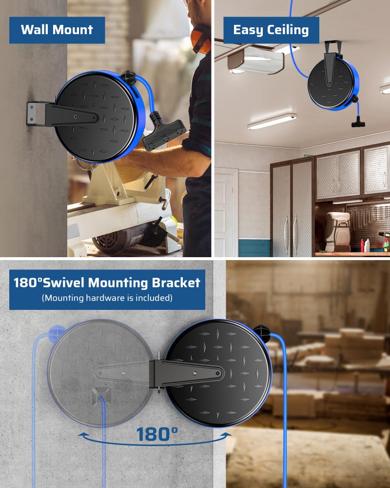 DEWENWILS 30FT Extension Cord Reel, 16/3 Gauge SJTW Power Cord, Retractable Cord Reel with 3 Outlets, Ceiling/Wall Mount for Garage, Workshop, 10A Circuit Breaker, Metal Plate, UL Listed, Blue - Image 3