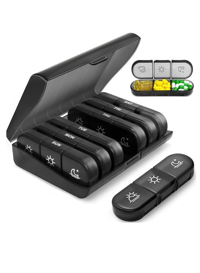 أوساويك منظم الأدوية المحمولة 3 مرات في اليوم لمدة أسبوع واحد (الأسود) -صندوق حبوب السفر الصديقة مع مقصورات كبيرة -منظم حبوب منع الحمل الخفيفة للفيتامينات وزيوت السمك والأدوية والمكملات الغذائية - Image 1