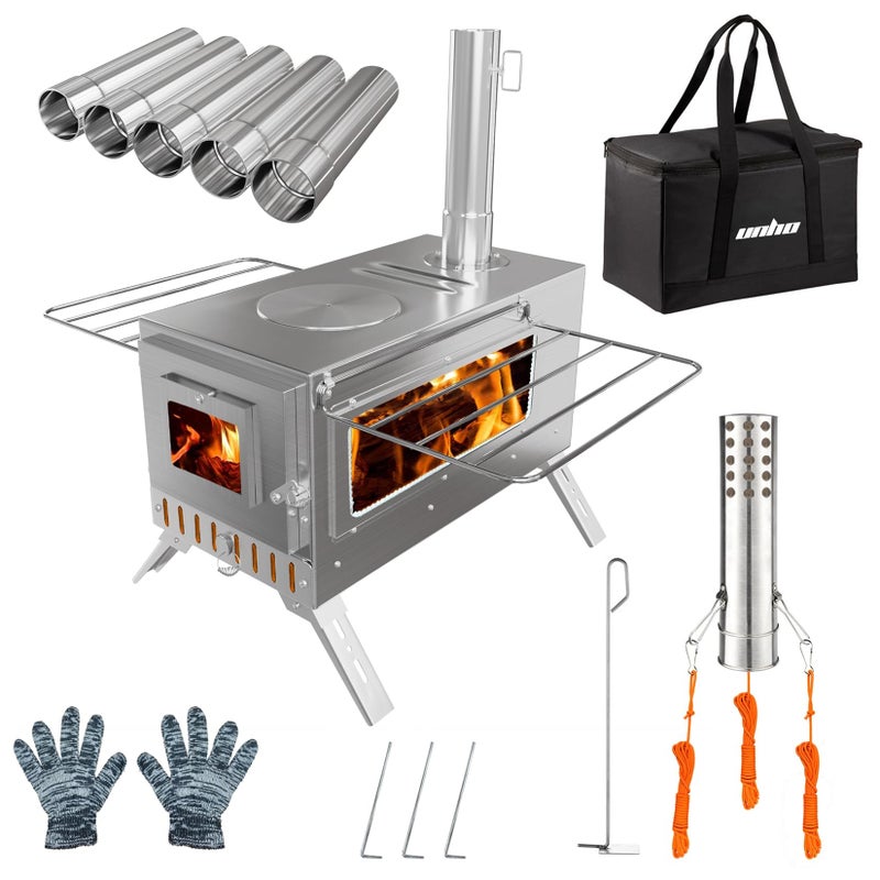 UNHO Hot Tent Stove, unho Wood Burning Stove, Portable Wood Stove with 6 Stainless Chimney Pipes for Outdoor Heating & Cooking, Ice Fishing, Hunting,Winter Warmth - Image 1