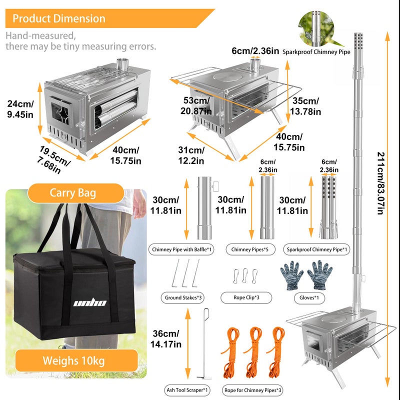 UNHO Hot Tent Stove, unho Wood Burning Stove, Portable Wood Stove with 6 Stainless Chimney Pipes for Outdoor Heating & Cooking, Ice Fishing, Hunting,Winter Warmth - Image 5