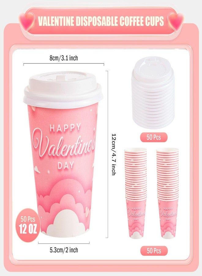 FOBSME 50 Pcs Valentine Disposable Coffee Cups With Lids 12oz Pink Cloud Heart Paper Cups Happy Valentine’s Day Drinking Cups for Wedding Anniversary Party Supplies - Image 2