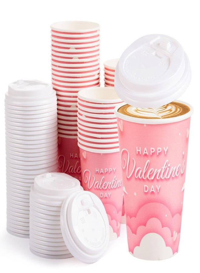 FOBSME 50 Pcs Valentine Disposable Coffee Cups With Lids 12oz Pink Cloud Heart Paper Cups Happy Valentine’s Day Drinking Cups for Wedding Anniversary Party Supplies - Image 1