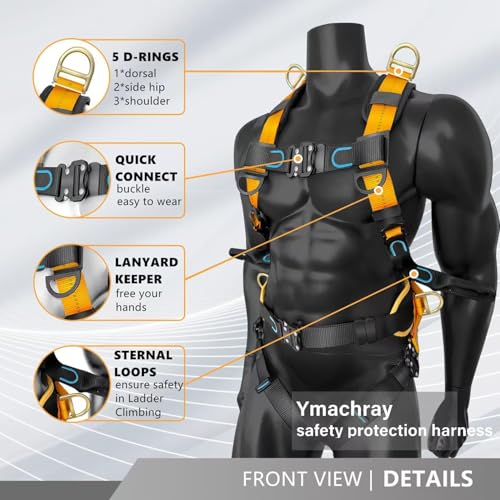 Ymachray Fall Protection Full-Body Safety Harness, Roofing Harness Kit Men Construction Harness,5 Heavy Duty D-rings&Upgrade 4 Quick Buckles(OSHA/ANSI) - Image 3