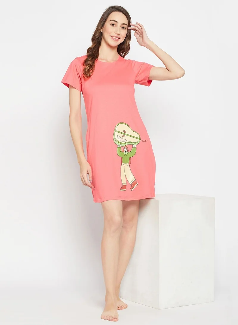 كلوفيا Clovia Pear Print Short Night Dress In Peach Colour - 100% Cotton